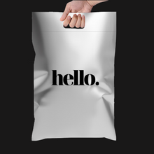 Cargar imagen en el visor de la galería, 30cm x 35cm Bolsa con Agarradera "Hello- Plateada Negra Premium" (100 Piezas)